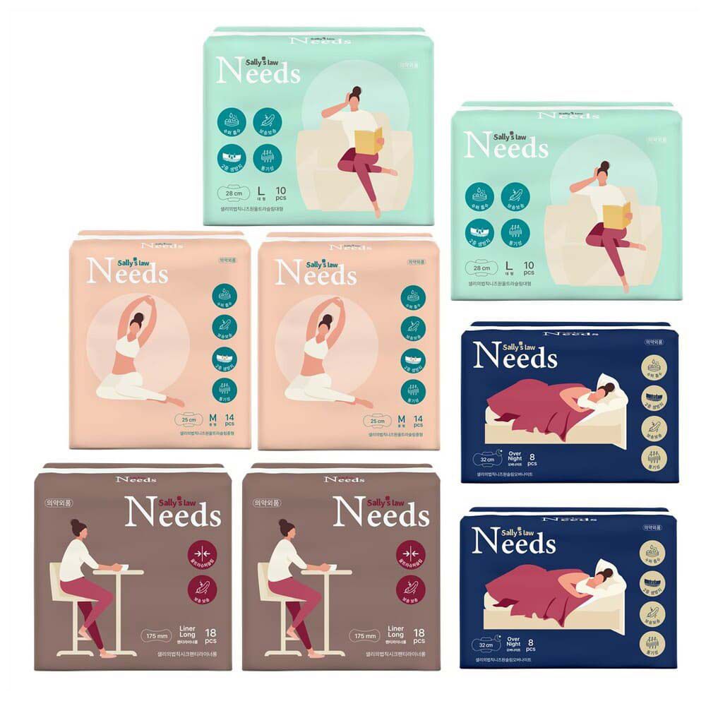 [SALLY'S LAW] Needs Ultra Slim Sanitary Napkin Medium 2packs+Large 2packs+Overnight 2packs+Panty liner 2packs – 1,500 Air Holes for Freshness - Made in Korea